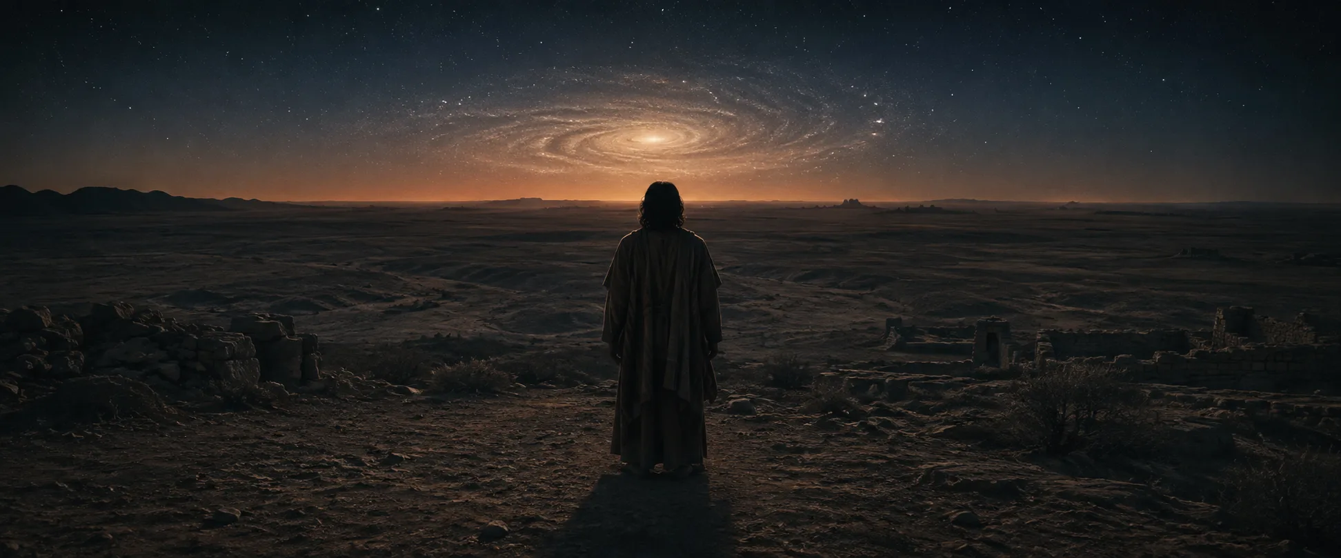 A lone robed figure stands amid ancient ruins beneath a vast spiral galaxy — the exile east of Eden, and the question of who else already walked the earth.