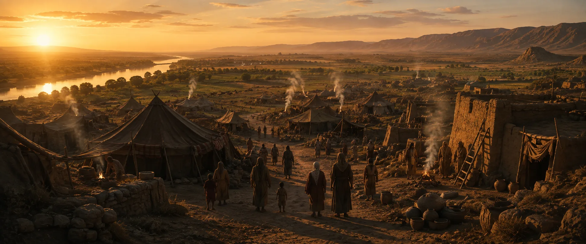 A sprawling encampment of tents and dwellings at golden hour, filled with families — a single household multiplying into a settlement over generations.