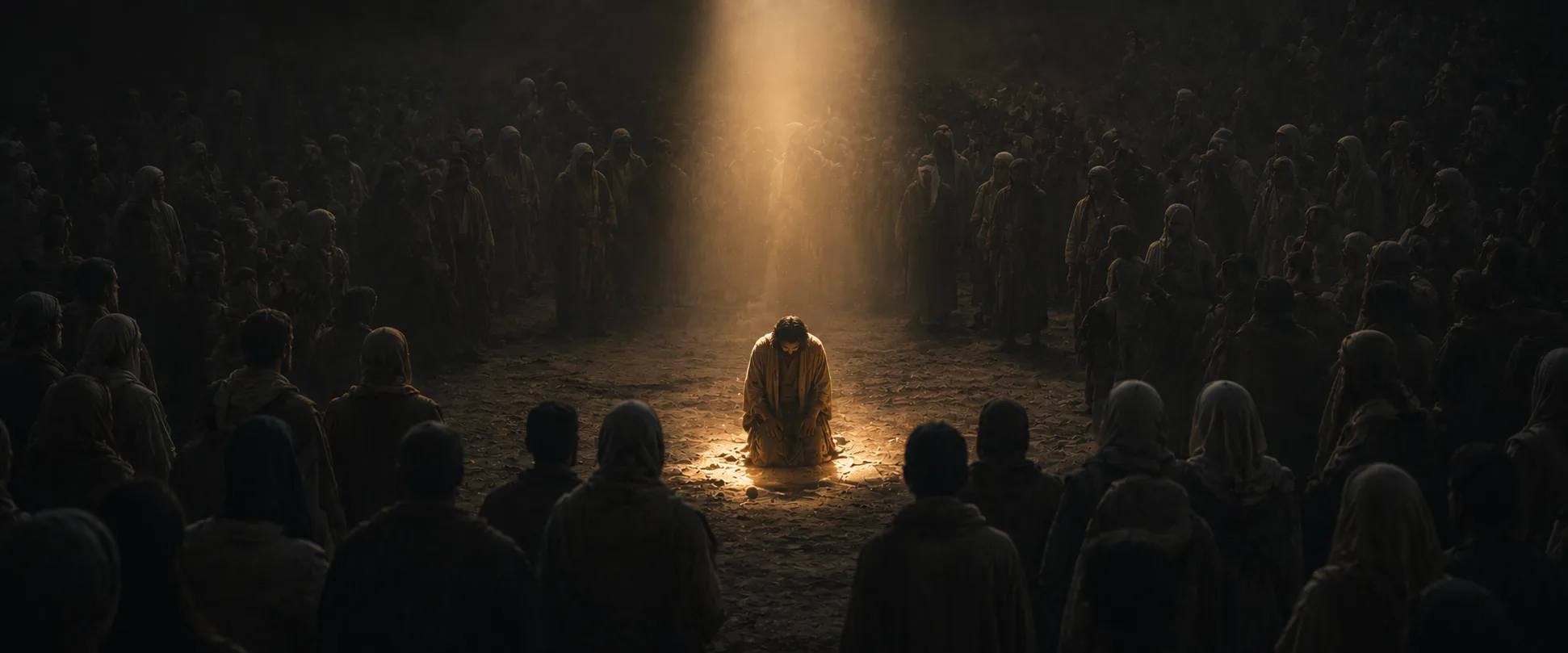 A crowd gathered in darkness around one robed figure lit by a shaft of light from above — the one called and set apart within an existing humanity.