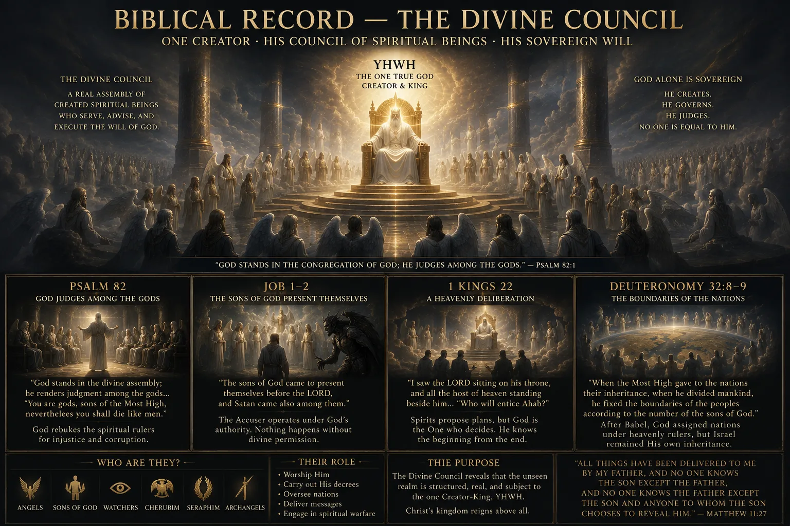 Biblical Record — The Divine Council: YHWH enthroned above the assembly, with Psalm 82, Job 1–2, 1 Kings 22, and Deuteronomy 32:8–9 summarized alongside who the council members are, their role, and its purpose.
